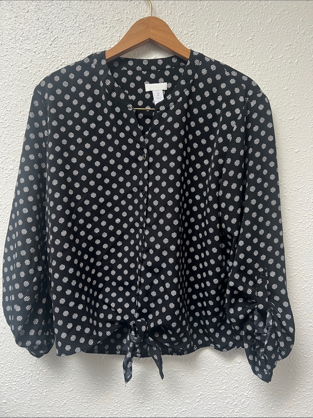 Chico's Black and White Polka Dot Button-Front Tie-Hem Blouse